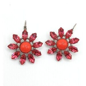 Philippe Ferrandis Paris designer HOT PINK Red/Orange Flower Earrings Leverback